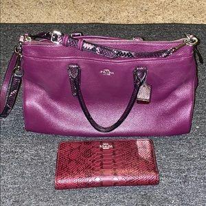 Plum Coach Python-Trimmed Satchel w wallet